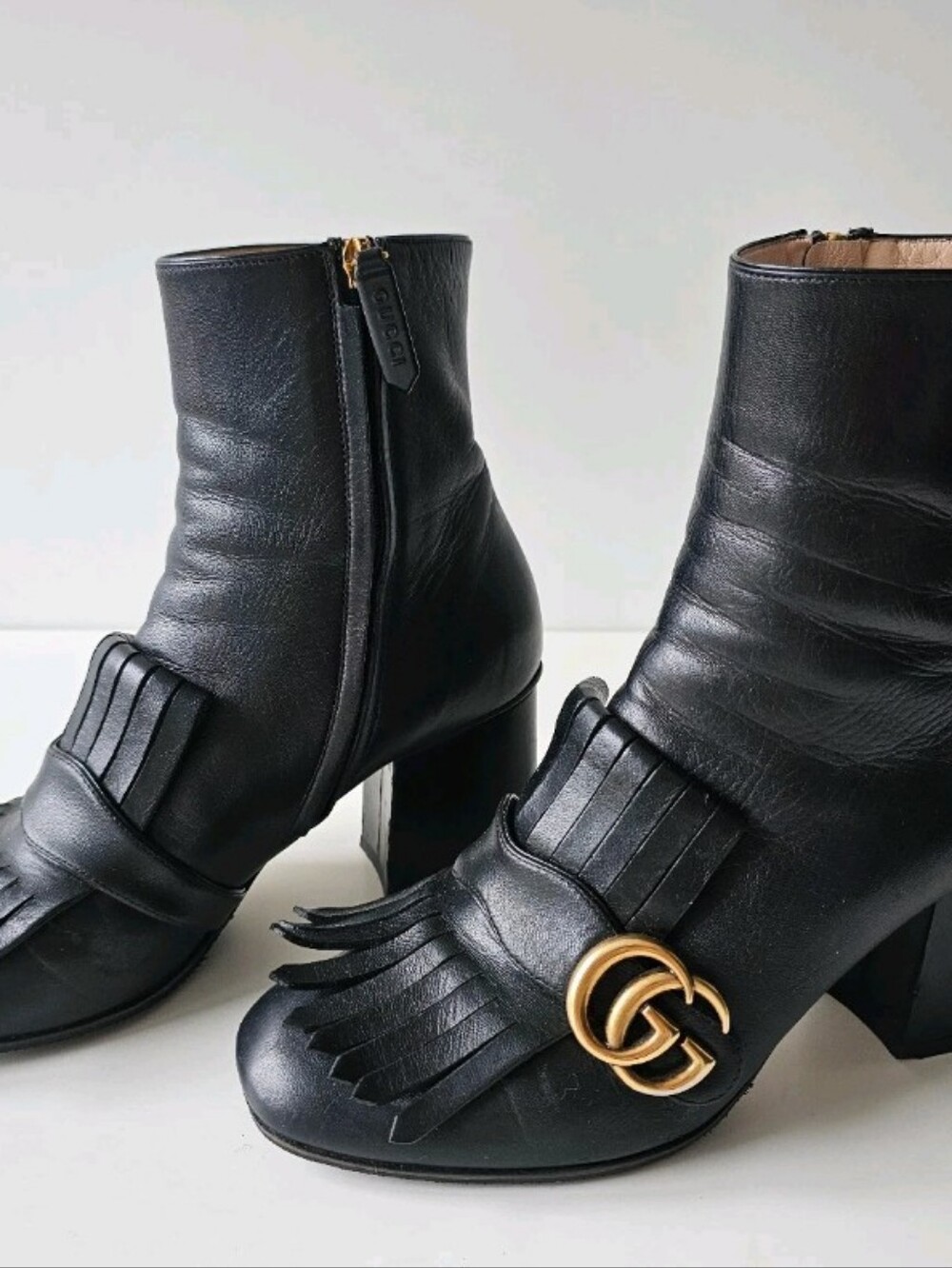 Gucci Marmont Gold GG Logo Black Leather Fringe Ankle Boots EU 38, US 7.5 - Picture 7 of 14
